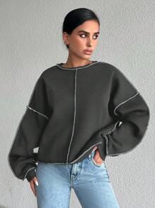 RueChic 95% Cotton Oversized Round Neck Sweatshirt With Exposed Seams And Long Sleeves - Grey - View 4