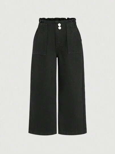 SHEIN 年轻女孩新款度假花卉松紧腰舒适水洗柔软宽松休闲时尚牛仔裤，女童春夏休闲度假乡村波西米亚风服装，女童沙滩装，春假装