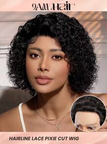 Transparente Spitzen Kurzhaar Locken Echthaar Perücke ohne Kleber, Naturschwarz, 12x1 Pixie Schnitt Wasser Welle Echthaar Lace Front Perücke mit vorbereiteter natürlicher Haaransatz