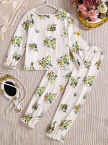 SHEIN Young Girl' Cute Bunny Print Ruffle Lantern Sleeve Top And Bowknot Pants 2 Pieces Pajamas Set - Multicolor - View 2