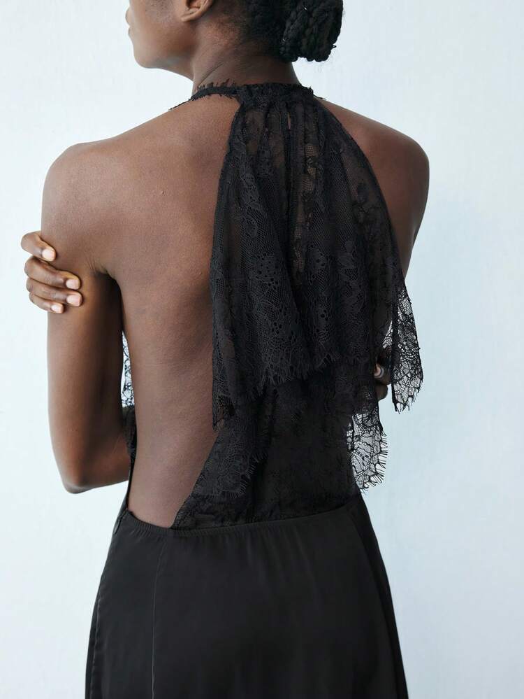 SHEIN Maija Women's Elegant Sexy Fashion Black Lace Patchwork Backless Halter Long Dress, Suitable For Urban Party In Early Spring Season Festival