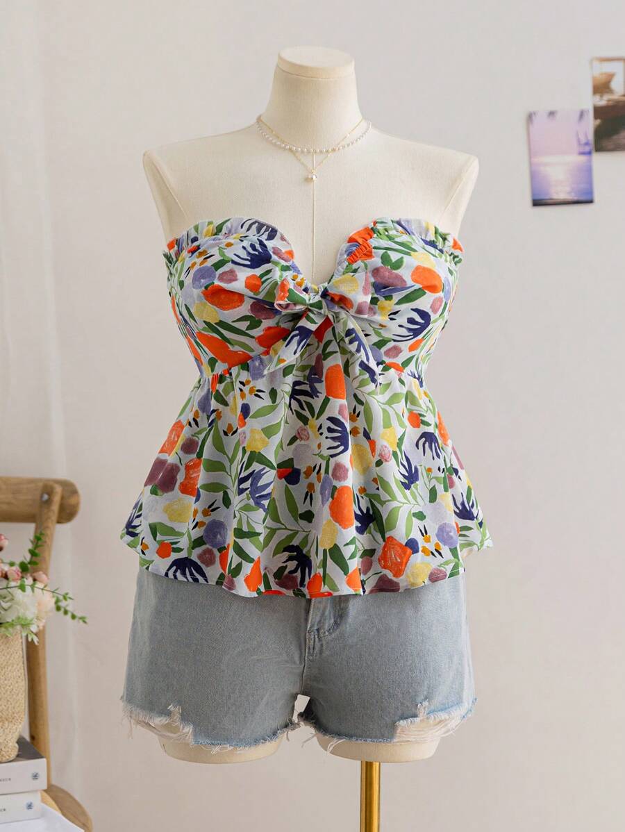 Soleia Áo babydoll in họa tiết hoa Boho cỡ lớn dễ thương buộc dây phía trước cho nữ, thích hợp cho kỳ nghỉ đầu thu, trở lại trường, áo thu, cho mùa hè - Màu xanh nhạt - Xem 1