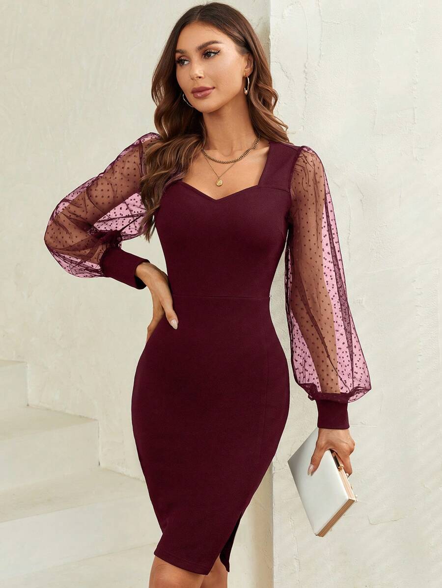 SHEIN Clasi Women's Polka Dot Mesh Puff Sleeve Bodycon Dress - Burgundy - View 1