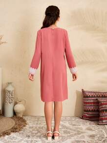 SHEIN Girls Watermelon Pink Ruffle Trim Round Neck Long Comfortable Casual Dress, Mommy And Me Matching Outfits (2 Pieces Sold Separately) - Watermelon Pink - View 2