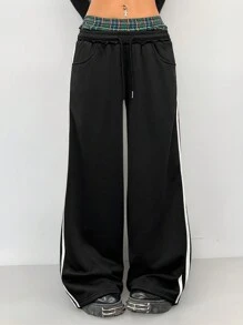 SHEIN EZwear 女士基本款格子拼色运动裤 - 黑色 - 查看 4