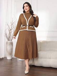 Modelyn Bộ vest 2 món thanh lịch cho nữ mùa thu/đông cỡ lớn, áo khoác cardigan dài tay màu tương phản và váy maxi không tay - Lạc đà - Xem 1