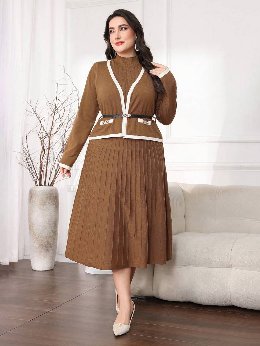Modelyn Bộ vest 2 món thanh lịch cho nữ mùa thu/đông cỡ lớn, áo khoác cardigan dài tay màu tương phản và váy maxi không tay - Lạc đà - Xem 1