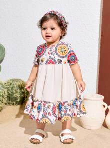 SHEIN Vestido de manga corta con estampado floral para bebé niña, para primavera/verano - Beis - Ver 3