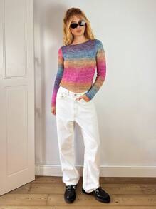 Forever 21 New Arrival Autumn/Winter Round Neck Fitted Cropped Long Sleeve Unique Multi-Color Striped Knitted Sweater - Multicolor - View 4
