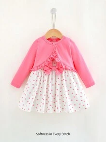 Cozy Pixies 2pcs Baby Girl Set: Polka Dot Print Color Blocking Round Neck Sleeveless Waisted Dress + Solid Color Ruffle Hem Long Sleeve Cardigan Clothes - Pink - View 4