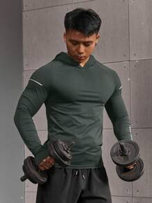 GymBeat 男士休闲字母印花长袖卫衣，超轻吸汗四向弹力面料，简约设计，修身无缝剪裁，带帽，适合运动健身，紧身衣 - 灰色 - 查看 5
