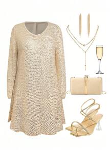 SHEIN Clasi Sukienka damska Plus Size Elegancka z siateczki z cekinami, modna i uniwersalna, odpowiednia na Halloween, Boże Narodzenie, Nowy Rok, Walentynki, Święto Dziękczynienia, imprezę