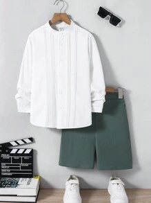Set de 2 piezas de camisa de manga larga y pantalones cortos lisos informal para niños y preadolescentes varones, atuendo de caballero