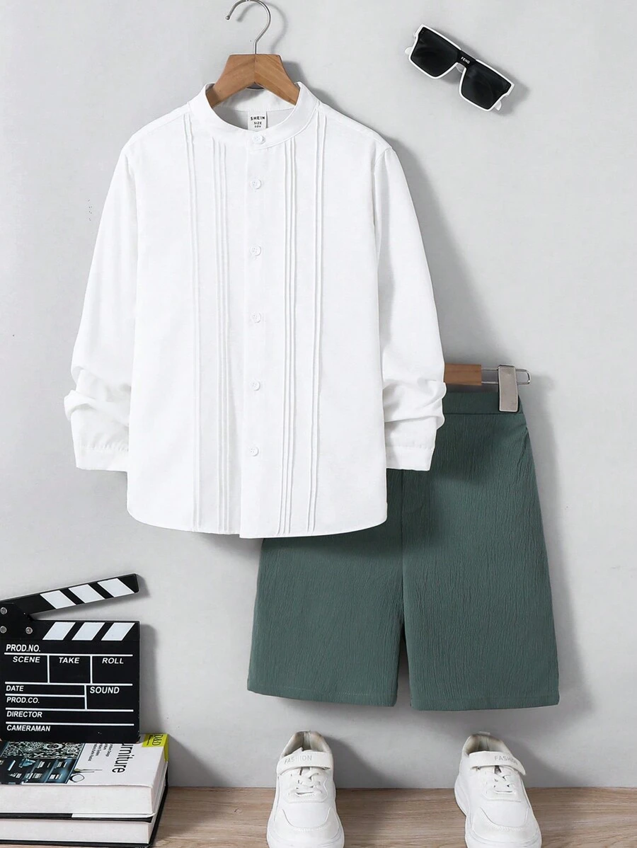 Set de 2 piezas de camisa de manga larga y pantalones cortos lisos informal para niños y preadolescentes varones, atuendo de caballero
