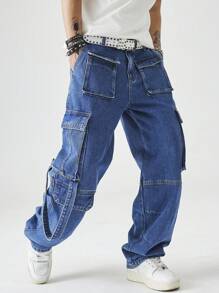 Chillumni Men's Simple Loose Multi-Pocket Casual Jeans, For Daily Wear - Medium Wash - View 6