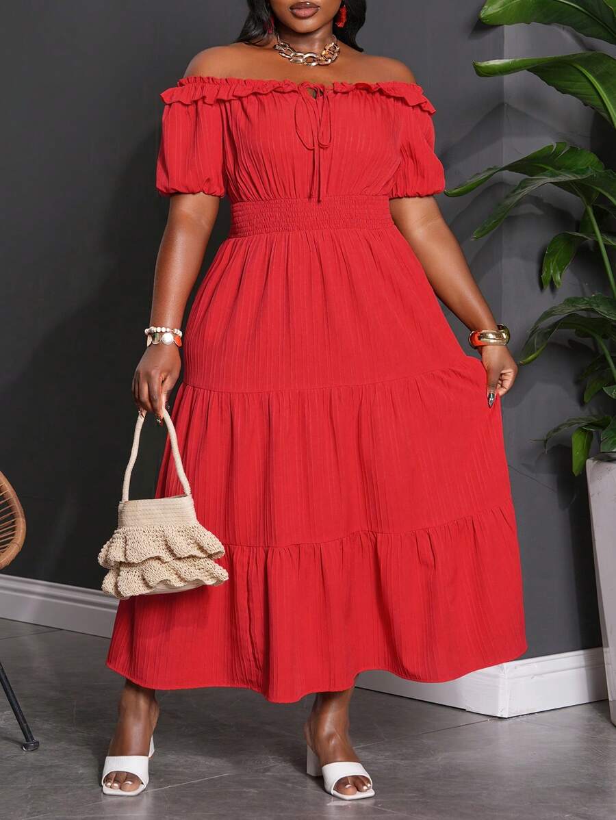 Slaydiva Plus Size Women's Open Shoulder High Slit Dress, Red - Red - View 1