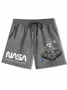 Manfinity EMRG Pantalones cortos holgados para hombres con cordón en la cintura y gráficos de astronauta y letras