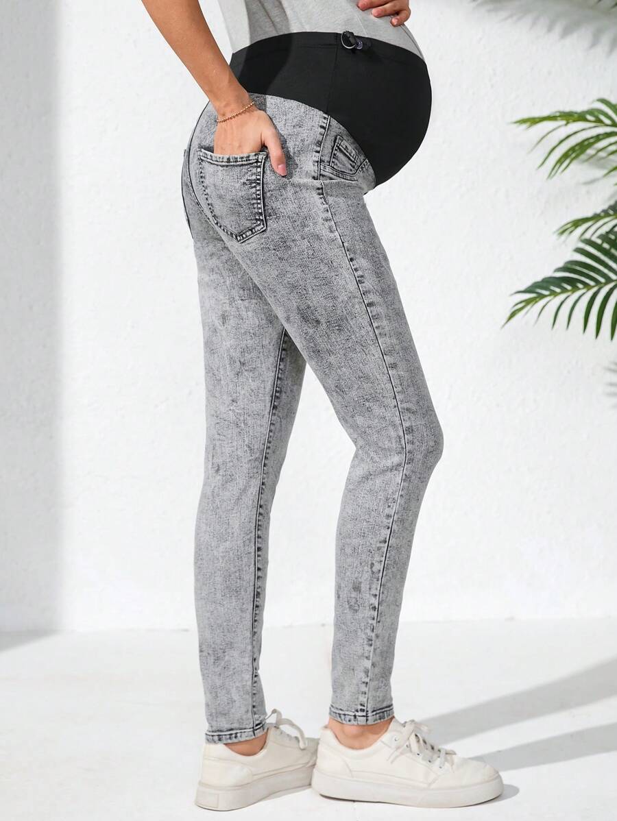 SHEIN Adjustable Waist Pregnancy Skinny Stretch Denim Pants - Dark Grey - View 1