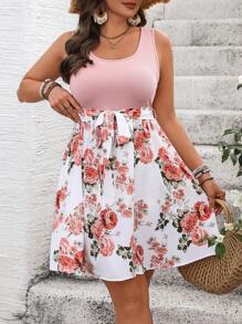 SHEIN VCAY Plus Size Boho Contrast Floral Print Dress, For Summer,Beach Dress Sundress,Holiday Outfits