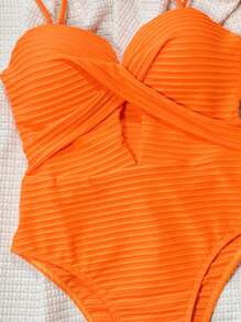 Swim SXY 女士纯色细肩带镂空简约连体泳衣，聚拢无钢圈夏季 - 橘色 - 查看 4