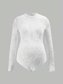 SHEIN Maternity Stand Collar Long Sleeve Lace Bodysuit, Suitable For Photo Shooting - White - View 3