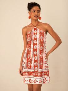 Travachic Women's Floral Print Casual Halter Neck Mini Dress,Vacation Casual Beach Dress