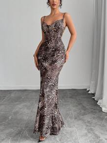 SHEIN Essnce Women's Elegant Leopard Print Long Casual Dress, Minimalist & Fashionable For Daily Wear - Brown - View 3