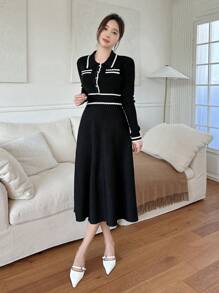 DAZY Women's Colorblock Button Half Placket Long Sleeve Elegant Commute Sweater Dress,Fall Women Clothes - Black and White - View 7