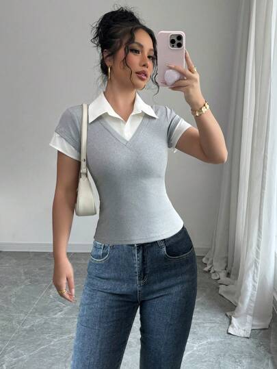 Elenzga 复古风拼色 Polo 领修身性感夏季 T 恤