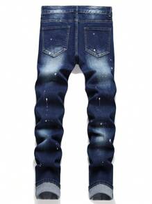 Manfinity EMRG Men's Front Button Pocket Ripped Casual Denim Jeans - Dark Wash - View 2