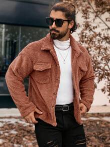 Manfinity CasualCool Men's Solid Color Long Sleeve Cargo Casual Polar Fleece Jacket, Autumn Winter,Men's Solid Color Long Sleeve Jacket, Men Warm Jacket,Winter Men Jacket,Coral Fleece Jacket