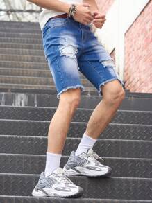 Manfinity Homme Men's Casual Ripped Distressed Hem Denim Shorts