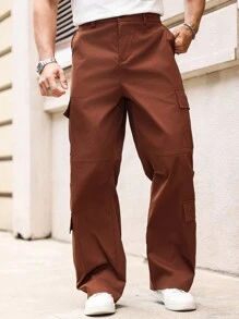 Manfinity Homme 男士加大码棕色工装裤：宽腿休闲款，多口袋，秋季 - 酒紅色 - 查看 4