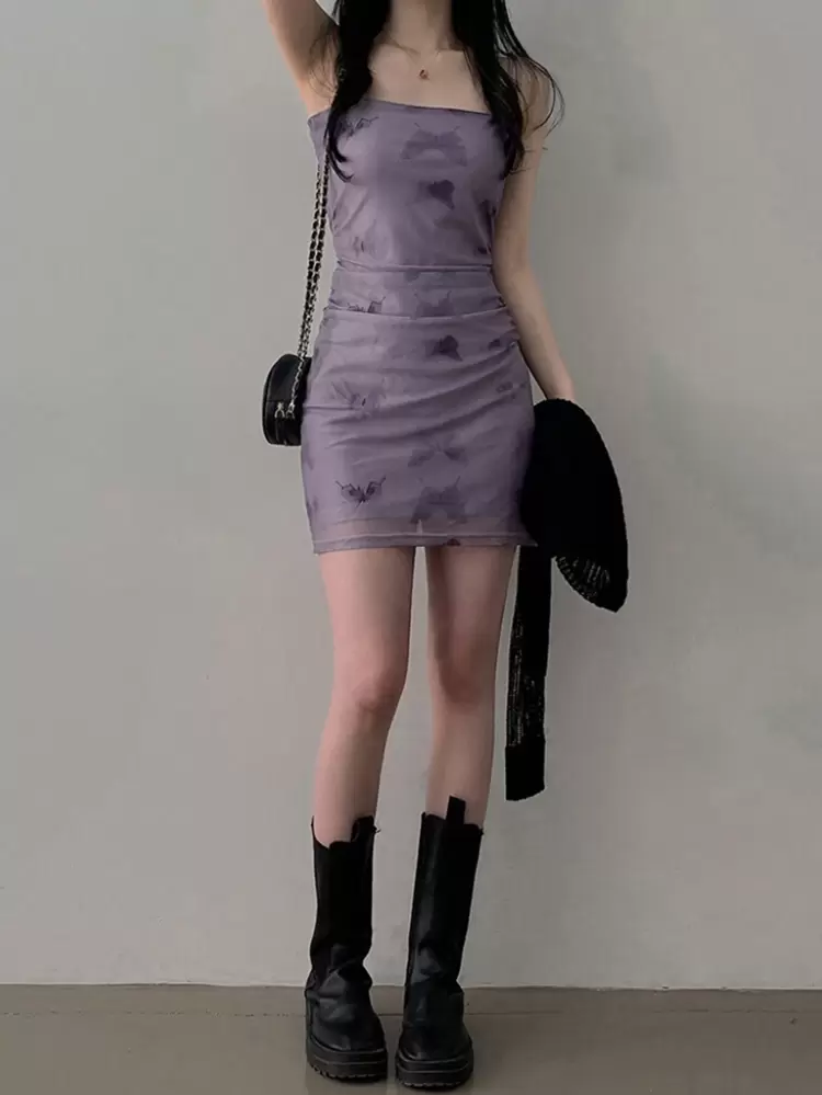 Butterfly Print Cami Dress With Ruched Bodycon Lilac Purple Mini Dress, Club Dress For Women Sundress,Casual Women Dresses
