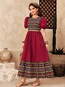 SHEIN Mädchen Mehrfarbig Blumenmuster Patchwork Kontrastfarbe Puffärmel A-Linie Kleid, locker sitzend, geeignet für Nationalfeiertag, Eid-Fest, Urlaub, Lässig-Treffen & Partys, Frühling & Sommer - Rot - Übersicht 6