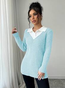 Elenzga 女士撞色长袖针织套头衫，秋冬款