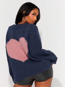 SHEIN SXY Loose Fit Long Sleeve Heart Pattern Casual/Date Night Sweater For Valentine's Day - Navy Blue - View 2
