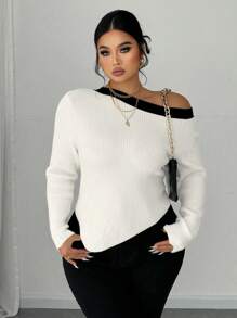 Celure Plus Size Dames Zwart & Wit Tweekleurige Asymmetrische Kraag Getailleerde Pullover Trui, Herfst/Winter