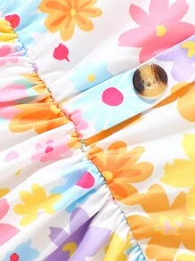 SHEIN Newborn Baby Girls 3-Piece Set: White & Orange Floral Print Strap Dress, Comfortable & Cute, Summer Gift Set - Multicolor - View 5