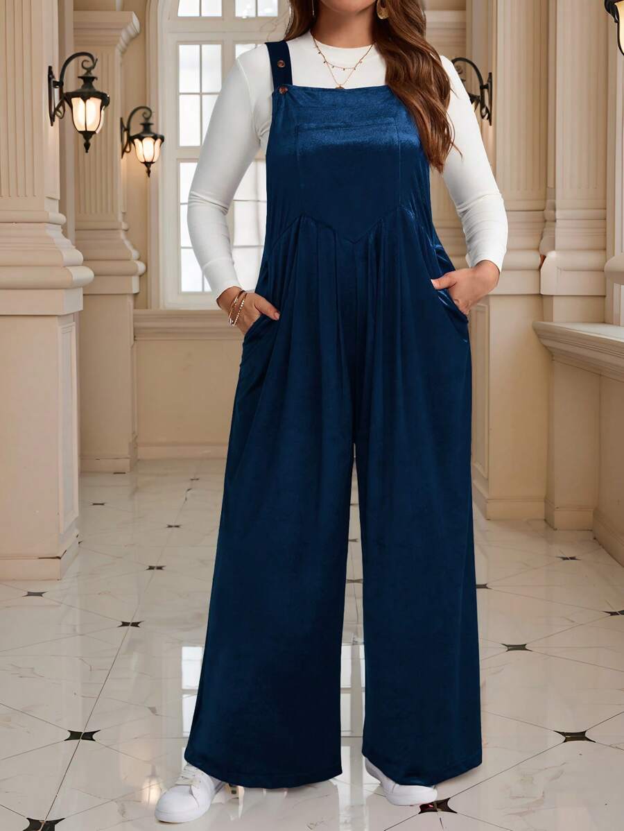 EMERY ROSE Plus Size Women's Solid Color Wide Leg Jumpsuit, Autumn/Winter - Navy Blue - View 1
