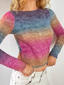 Forever 21 New Arrival Autumn/Winter Round Neck Fitted Cropped Long Sleeve Unique Multi-Color Striped Knitted Sweater - Multicolor - View 6