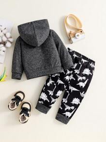 2pcs Toddler Boys Casual English Letter Color Block Hoodie Sweatshirt & Dinosaur Line Print Shorts Set, For Daily Wear & Outing - Multicolor - View 2