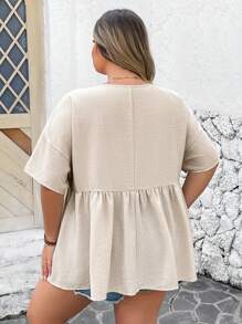 SHEIN CURVE+ Plus Size Women's Summer Solid Color Round Neck Bat Sleeve Loose Shirt With Ruffled Hem Boho Vacation - Apricot - View 2