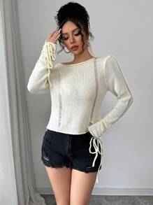 Chiquease New Hollow Out Loose Knit Drawstring Asymmetrical Neck Round Neck Long Sleeve Casual Women Pullover Sweater Knit Pullover Fall Winter Sweater - Apricot - View 6