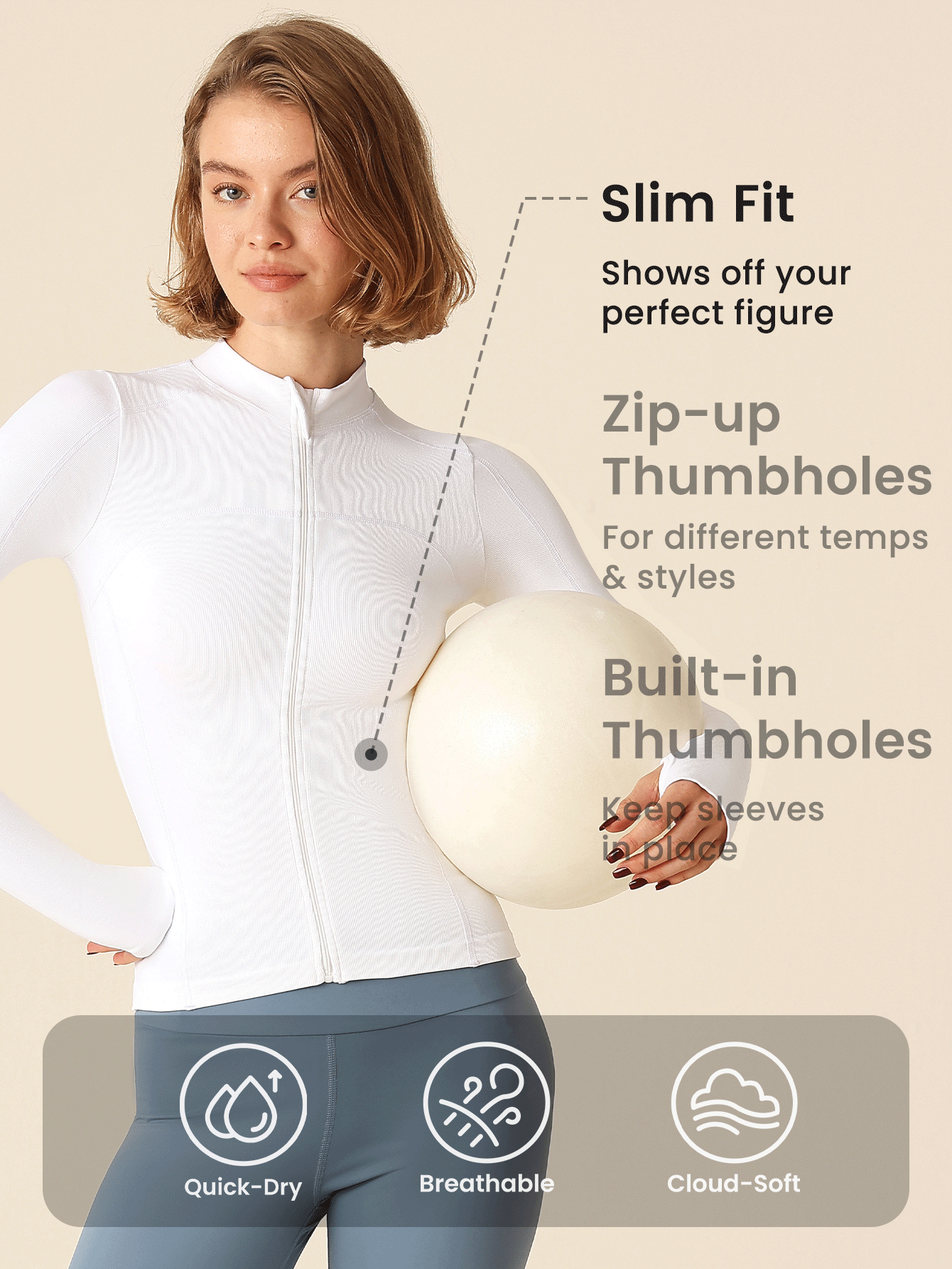 Lifespree 女士纯色前拉链长袖休闲上衣，日常穿着 - 淺灰色 - 查看 5