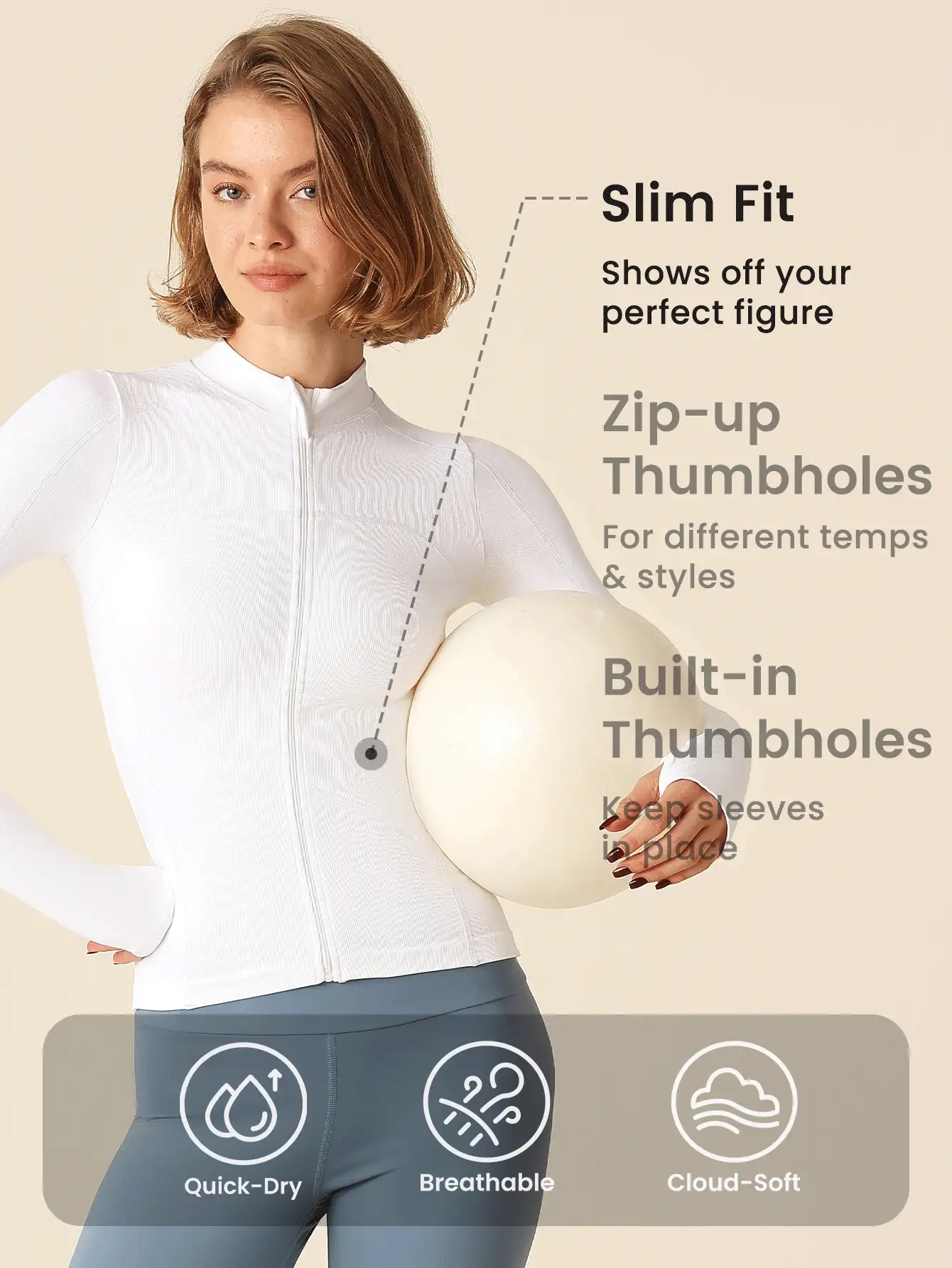 Lifespree Women's Solid Color Front Zipper Long Sleeve Casual Top, Everyday Wear - Light Grey - View 5