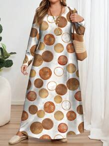 EMERY ROSE Plus Size Minimalist All-Over Print Long Sleeve Round Neck Casual Dress, Suitable For Autumn/Winter - Multicolor - View 4