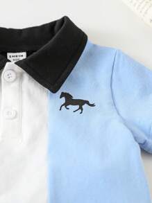 2pcs/Set Infant/Baby Boy Casual Colorblock Cartoon Print Polo Top & Shorts Set, Spring/Summer - Multicolor - View 5