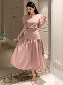 DAZY 2pcs Set Minimalistic Round Neck Puff Sleeve Shirt + High Waist A-Line Skirt - Pink - View 5