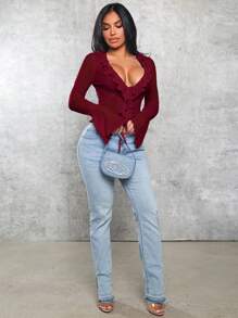 SHEIN SXY Women's Solid Color Ruffle Hem Deep V Front Tie Sheer Mesh Blouse - Burgundy - View 3